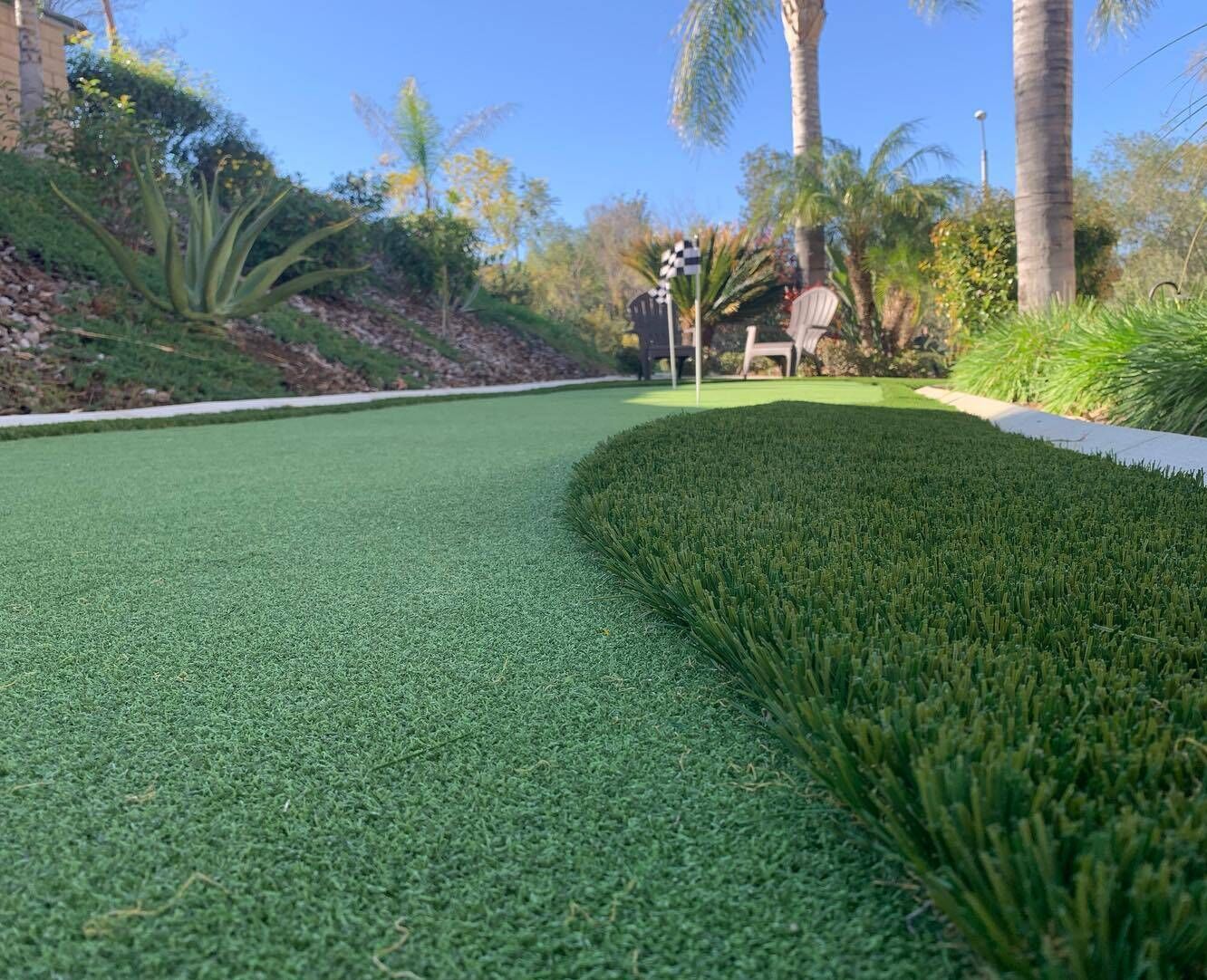 Multiple angles of a Putting Geen , CLose Up Artificial Putting Green Installations, Anaheim Artificial Grass